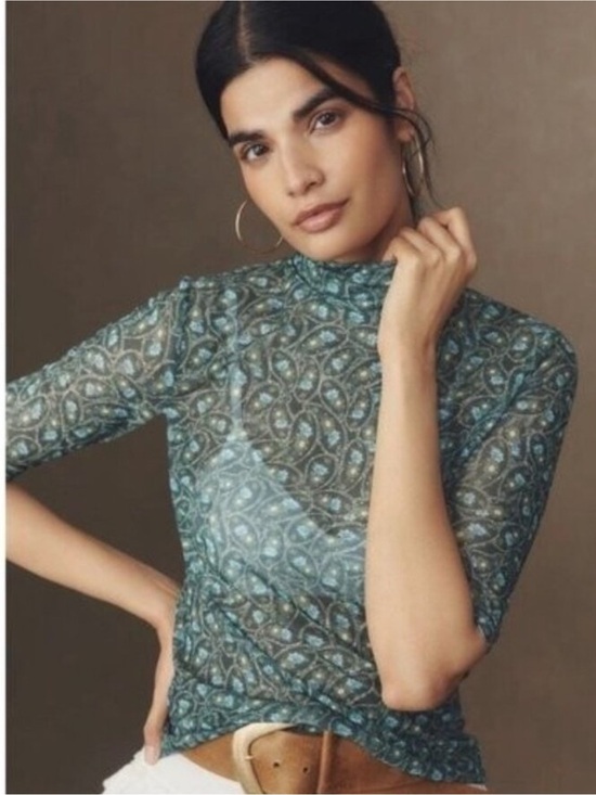 Anthropologie Tops - Anthropologie Printed Mock Neck Mesh Top | Size M